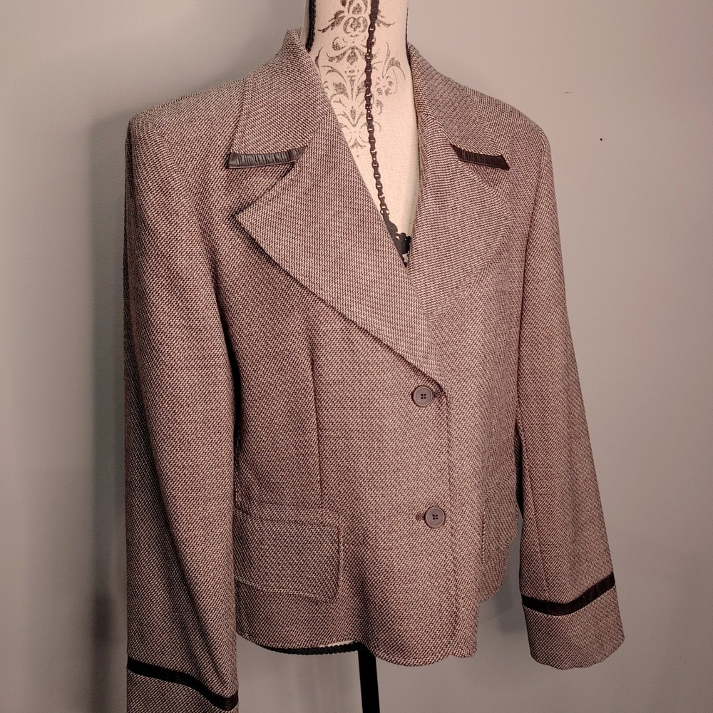 Harve Benard Sport Wool Blazer Brown Houndstooth Leather Trim Jacket Sz 16